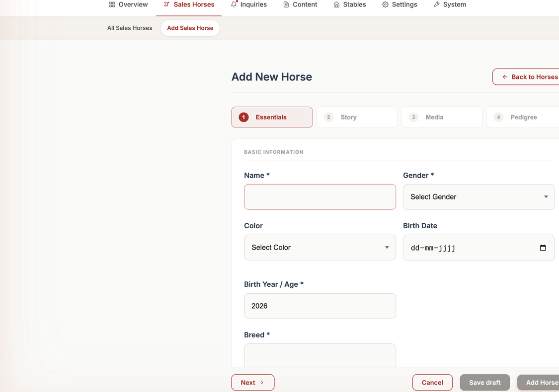 Add Sales Horse form