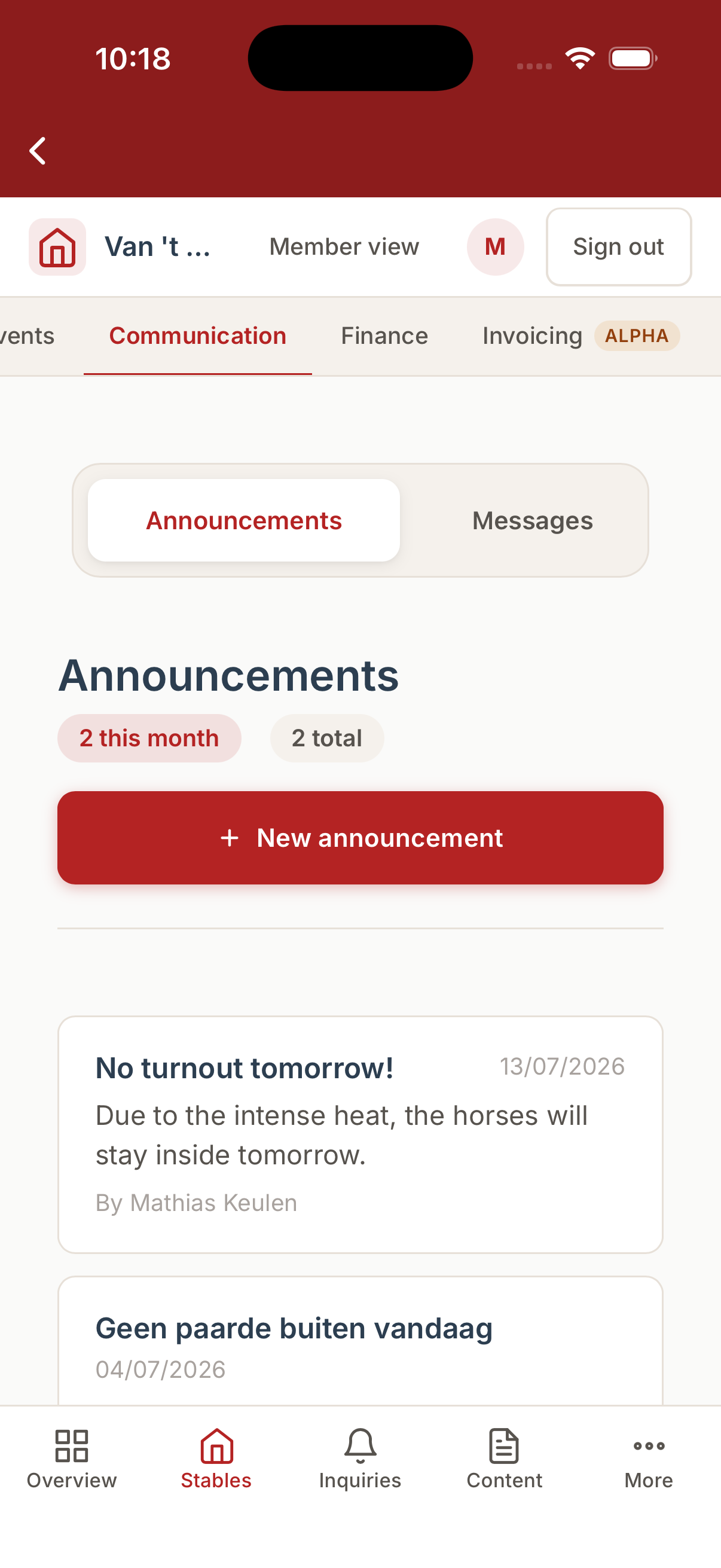 Admin Announcements on mobile