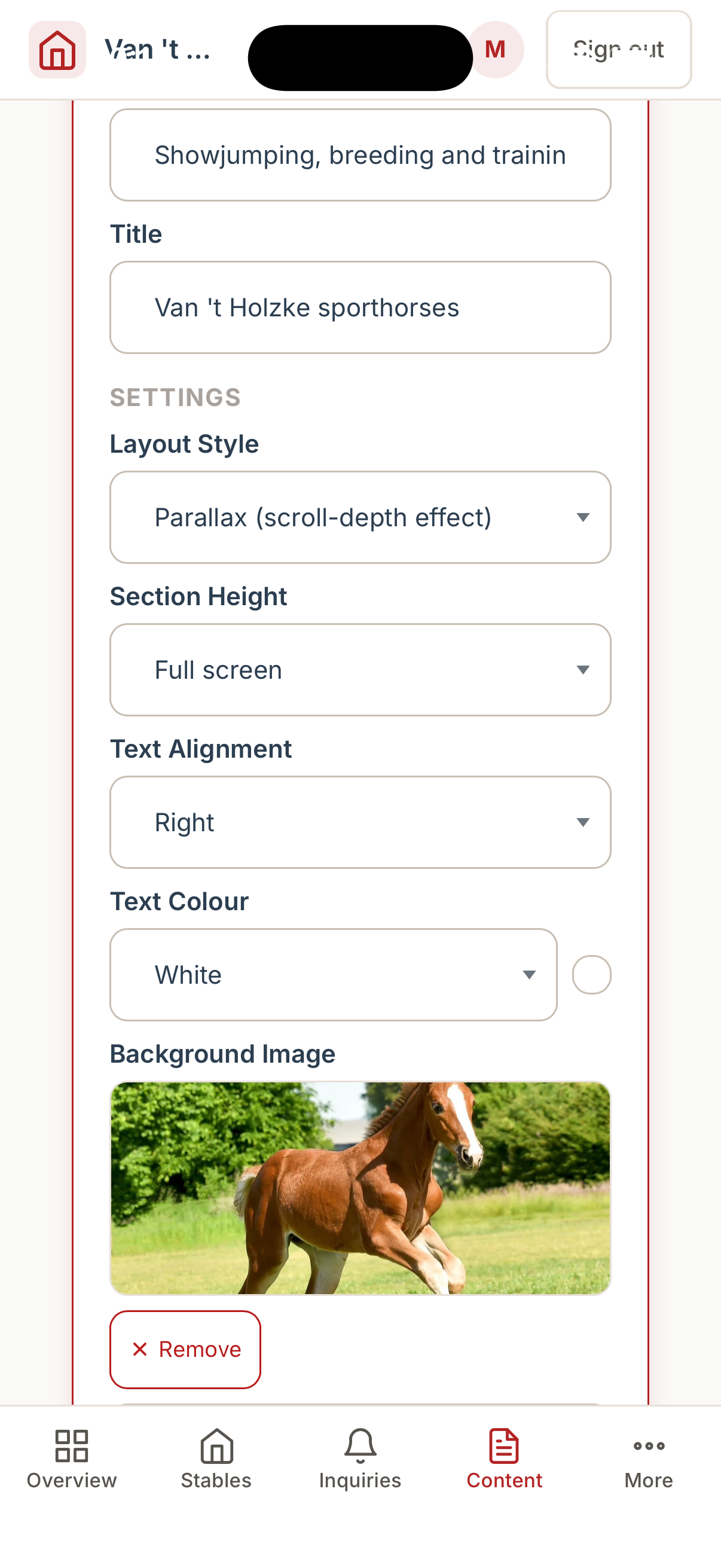 Hero Banner block settings on mobile