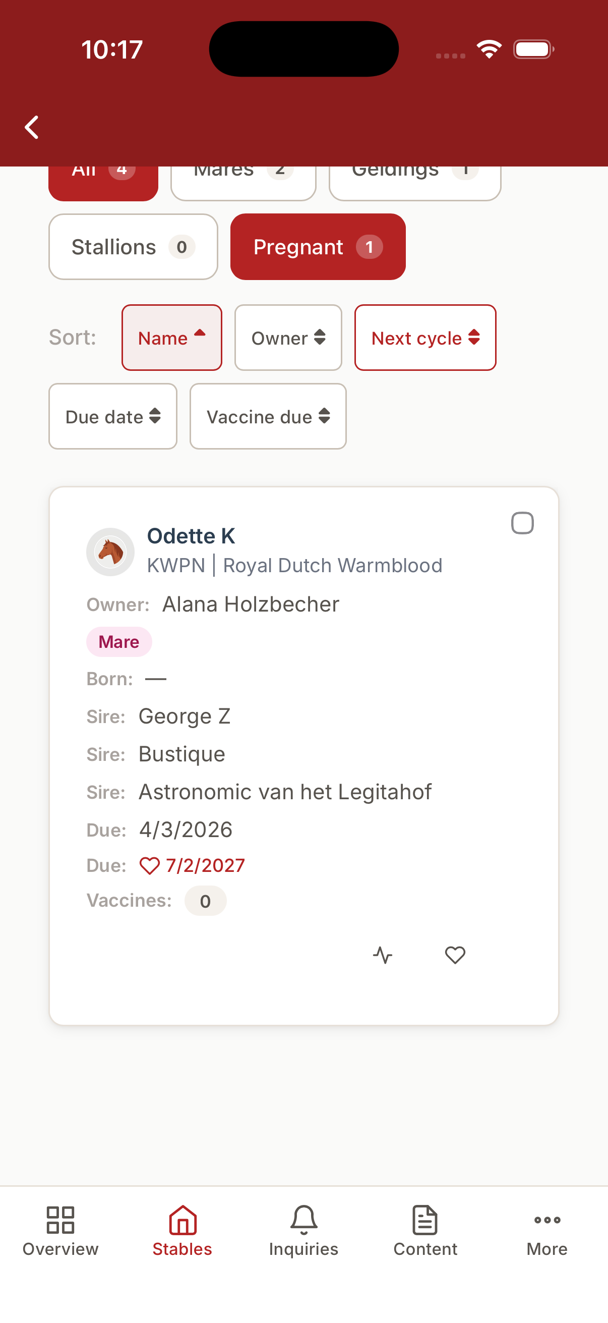 Chevaux en pension filtrés sur les juments gestantes sur mobile